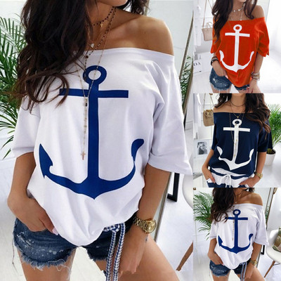 Boat Anchor Print Suvine T-särk Seksikas õlgadeta poolvarrukatega Naiste vabaaja T-särk Valge punane Plus S-5XL Tees Topid