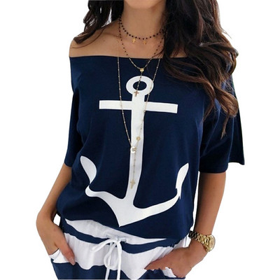 Boat Anchor Print Suvine T-särk Seksikas õlgadeta poolvarrukatega Naiste vabaaja T-särk Valge punane Plus S-5XL Tees Topid