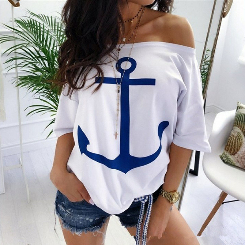 Boat Anchor Print Suvine T-särk Seksikas õlgadeta poolvarrukatega Naiste vabaaja T-särk Valge punane Plus S-5XL Tees Topid