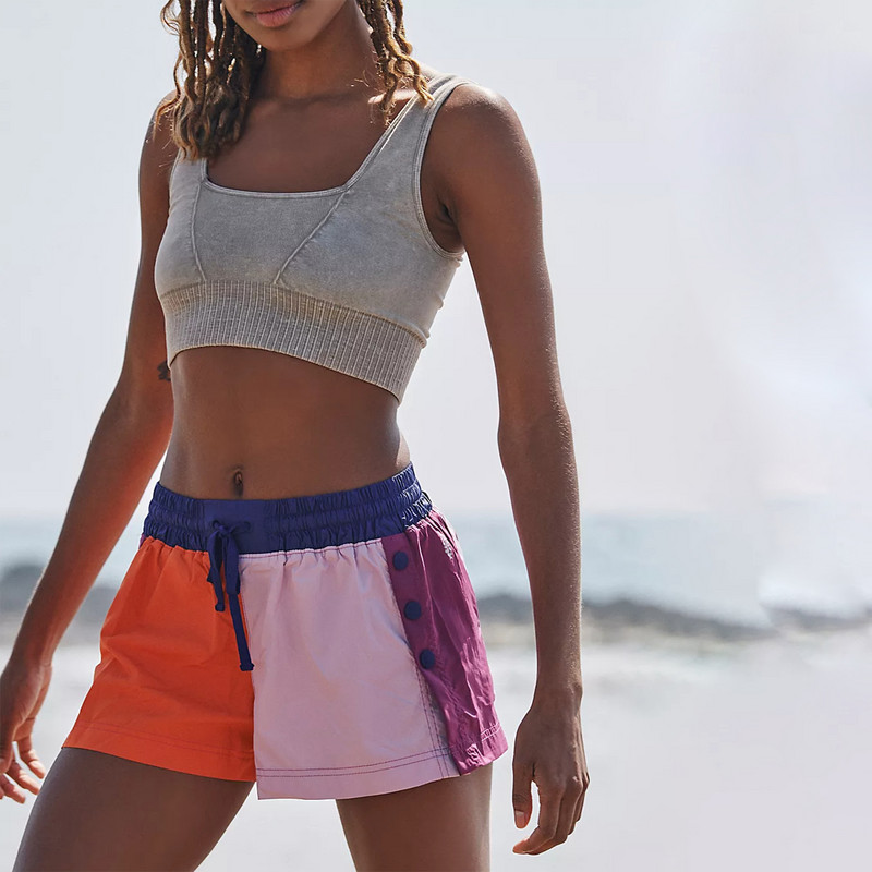 Pantaloni scurti sport de damă, ocazional, elastic, cu talie înaltă, nasturi laterali, culoare contrastantă, pantaloni scurți cu picioare largi