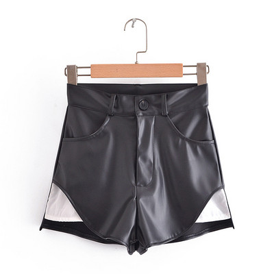 Ženske kožne kratke hlače Elegantne kratke hlače s ulošcima kontrastne boje Upijene kožne hlače s kopčanjem i patentnim zatvaračem u struku