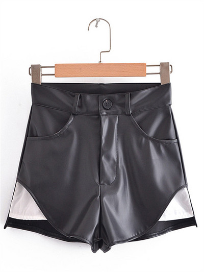 Pantaloni scurți din piele de damă Pantaloni scurți eleganti, cu panouri de culoare contrastantă, pantaloni din piele, cu nasturi și fermoar în talie