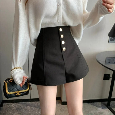 Pantaloni scurți negri, damă, primăvară/vară, talie înaltă, linie A, cu un singur piept, ocazional, pantaloni caldi, cracker, culoare kaki