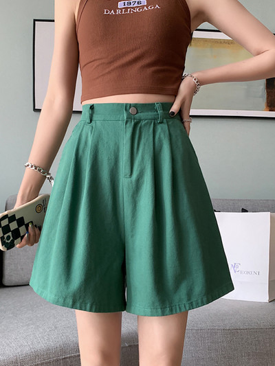 Καλοκαιρινό φαρδύ σορτς ψηλόμεσο γυναικείο σορτς βαμβακερό 100% σε γραμμή Α κοντό παντελόνι μασίφ πράσινο μωβ casual σορτς για γυναίκες