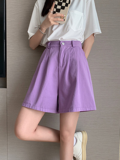 Καλοκαιρινό φαρδύ σορτς ψηλόμεσο γυναικείο σορτς βαμβακερό 100% σε γραμμή Α κοντό παντελόνι μασίφ πράσινο μωβ casual σορτς για γυναίκες