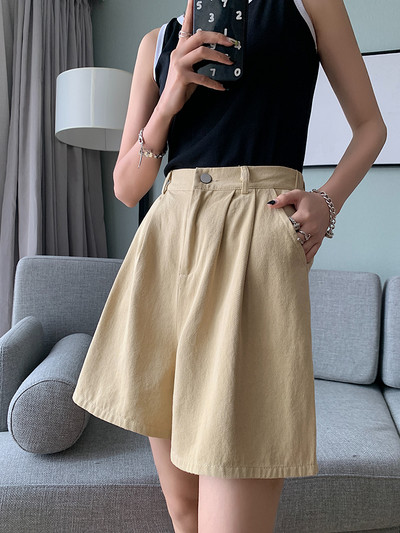 Καλοκαιρινό φαρδύ σορτς ψηλόμεσο γυναικείο σορτς βαμβακερό 100% σε γραμμή Α κοντό παντελόνι μασίφ πράσινο μωβ casual σορτς για γυναίκες