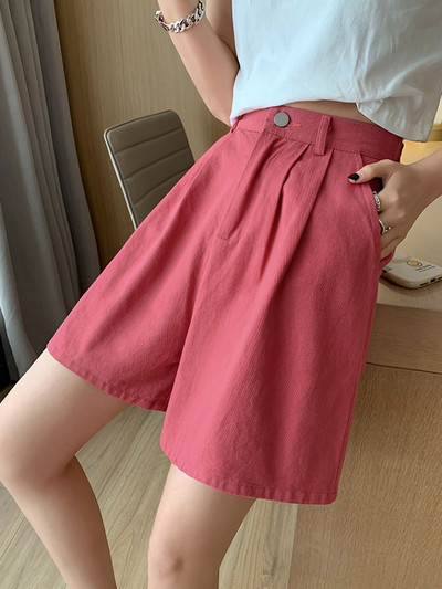 Καλοκαιρινό φαρδύ σορτς ψηλόμεσο γυναικείο σορτς βαμβακερό 100% σε γραμμή Α κοντό παντελόνι μασίφ πράσινο μωβ casual σορτς για γυναίκες