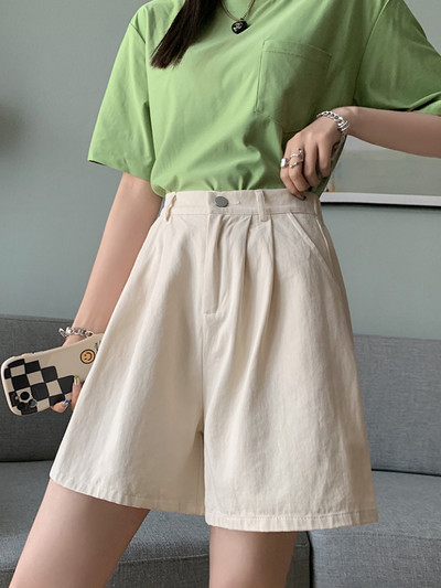 Καλοκαιρινό φαρδύ σορτς ψηλόμεσο γυναικείο σορτς βαμβακερό 100% σε γραμμή Α κοντό παντελόνι μασίφ πράσινο μωβ casual σορτς για γυναίκες