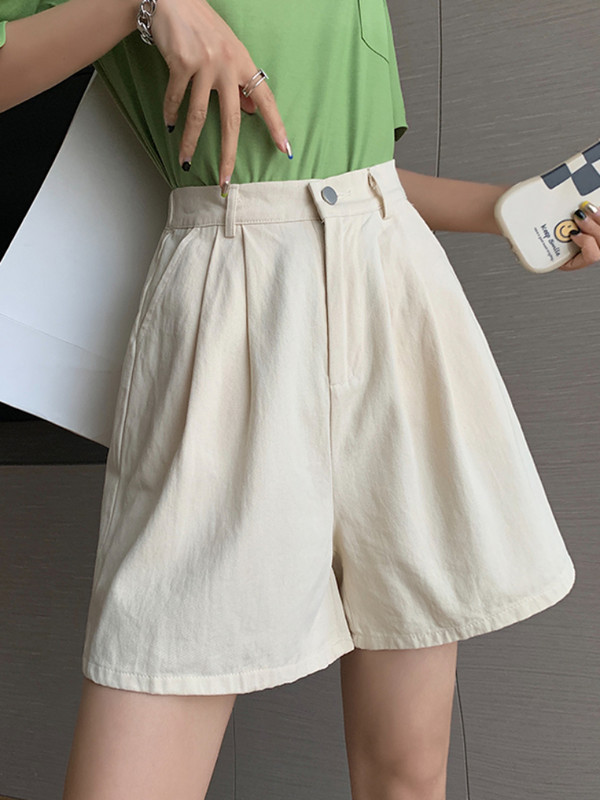 Καλοκαιρινό φαρδύ σορτς ψηλόμεσο γυναικείο σορτς βαμβακερό 100% σε γραμμή Α κοντό παντελόνι μασίφ πράσινο μωβ casual σορτς για γυναίκες