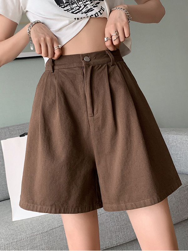 Καλοκαιρινό φαρδύ σορτς ψηλόμεσο γυναικείο σορτς βαμβακερό 100% σε γραμμή Α κοντό παντελόνι μασίφ πράσινο μωβ casual σορτς για γυναίκες