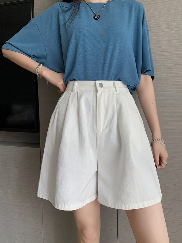 Καλοκαιρινό φαρδύ σορτς ψηλόμεσο γυναικείο σορτς βαμβακερό 100% σε γραμμή Α κοντό παντελόνι μασίφ πράσινο μωβ casual σορτς για γυναίκες