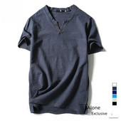 Καλοκαιρινό λεπτό βαμβακερό ανδρικό μπλουζάκι με κοντό μανίκι με λαιμόκοψη V με κουμπιά από καθαρό βαμβάκι Ανδρικό λινό πουκάμισο με πάτο