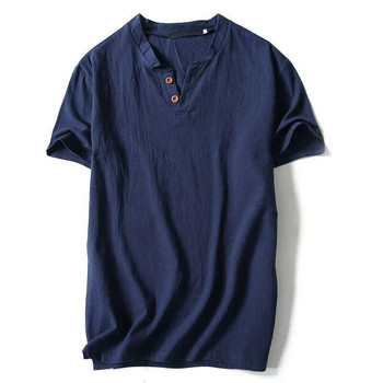 Лятна тънка памучна тениска Мъжка риза с V-образно деколте и копчета от чист памук Младежка мъжка ленена долна риза