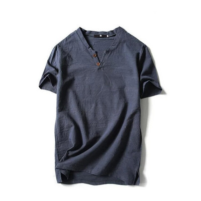 Καλοκαιρινό λεπτό βαμβακερό ανδρικό μπλουζάκι με κοντό μανίκι με λαιμόκοψη V με κουμπιά από καθαρό βαμβάκι Ανδρικό λινό πουκάμισο με πάτο