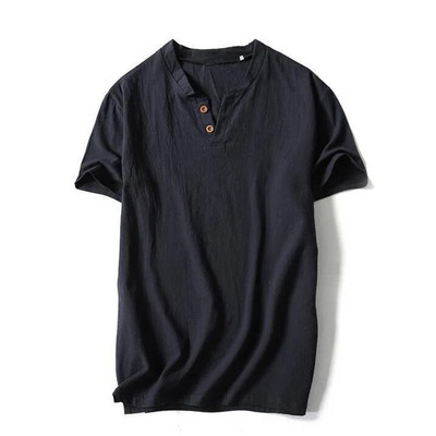 Καλοκαιρινό λεπτό βαμβακερό ανδρικό μπλουζάκι με κοντό μανίκι με λαιμόκοψη V με κουμπιά από καθαρό βαμβάκι Ανδρικό λινό πουκάμισο με πάτο