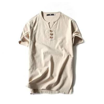 Καλοκαιρινό λεπτό βαμβακερό ανδρικό μπλουζάκι με κοντό μανίκι με λαιμόκοψη V με κουμπιά από καθαρό βαμβάκι Ανδρικό λινό πουκάμισο με πάτο