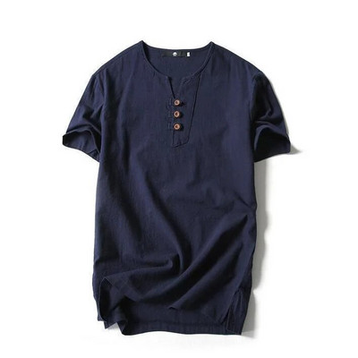 Καλοκαιρινό λεπτό βαμβακερό ανδρικό μπλουζάκι με κοντό μανίκι με λαιμόκοψη V με κουμπιά από καθαρό βαμβάκι Ανδρικό λινό πουκάμισο με πάτο