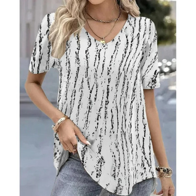 Nova ženska majica kratkih rukava Ljetna majica s V-izrezom Opuštena ležerna majica na pruge Ženska odjeća sa smiješnim printom Ulična majica s kratkim rukavima Ženske majice