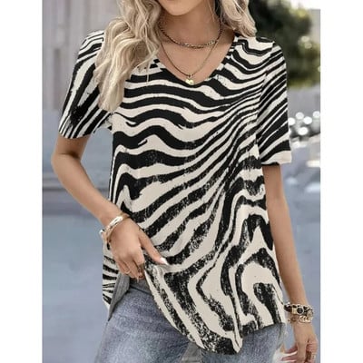Nova ženska majica kratkih rukava Ljetna majica s V-izrezom Opuštena ležerna majica na pruge Ženska odjeća sa smiješnim printom Ulična majica s kratkim rukavima Ženske majice