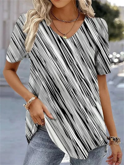 Nova ženska majica kratkih rukava Ljetna majica s V-izrezom Opuštena ležerna majica na pruge Ženska odjeća sa smiješnim printom Ulična majica s kratkim rukavima Ženske majice