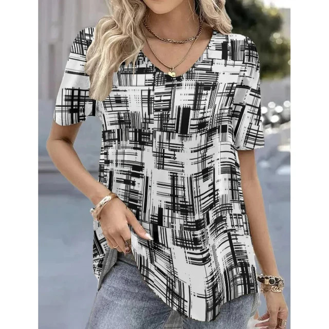 Nova ženska majica kratkih rukava Ljetna majica s V-izrezom Opuštena ležerna majica na pruge Ženska odjeća sa smiješnim printom Ulična majica s kratkim rukavima Ženske majice