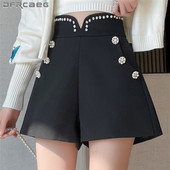 Pantaloni scurți casual pentru femei cu talie înaltă, cu picior largi, cu mărgele, vara 2024, pantaloni scurți de birou, de lucru, albi