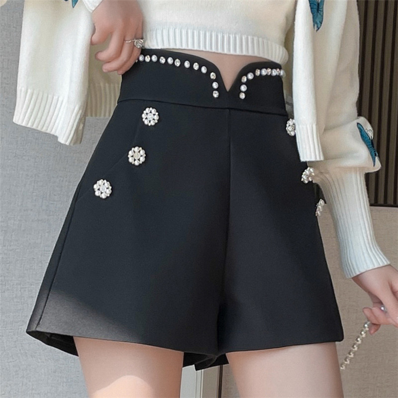 Pantaloni scurți casual pentru femei cu talie înaltă, cu picior largi, cu mărgele, vara 2024, pantaloni scurți de birou, de lucru, albi