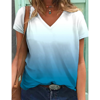 Ženske majice kratkih rukava s 3D gradijentom boja s grafičkim uzorkom Fsahion Ležerne majice kratkih rukava s V-izrezom Ljetna Harajuku ženska odjeća