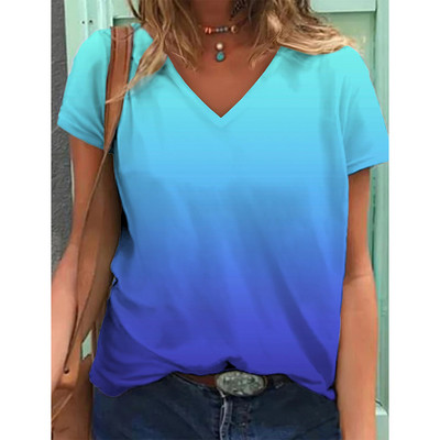 Ženske majice kratkih rukava s 3D gradijentom boja s grafičkim uzorkom Fsahion Ležerne majice kratkih rukava s V-izrezom Ljetna Harajuku ženska odjeća