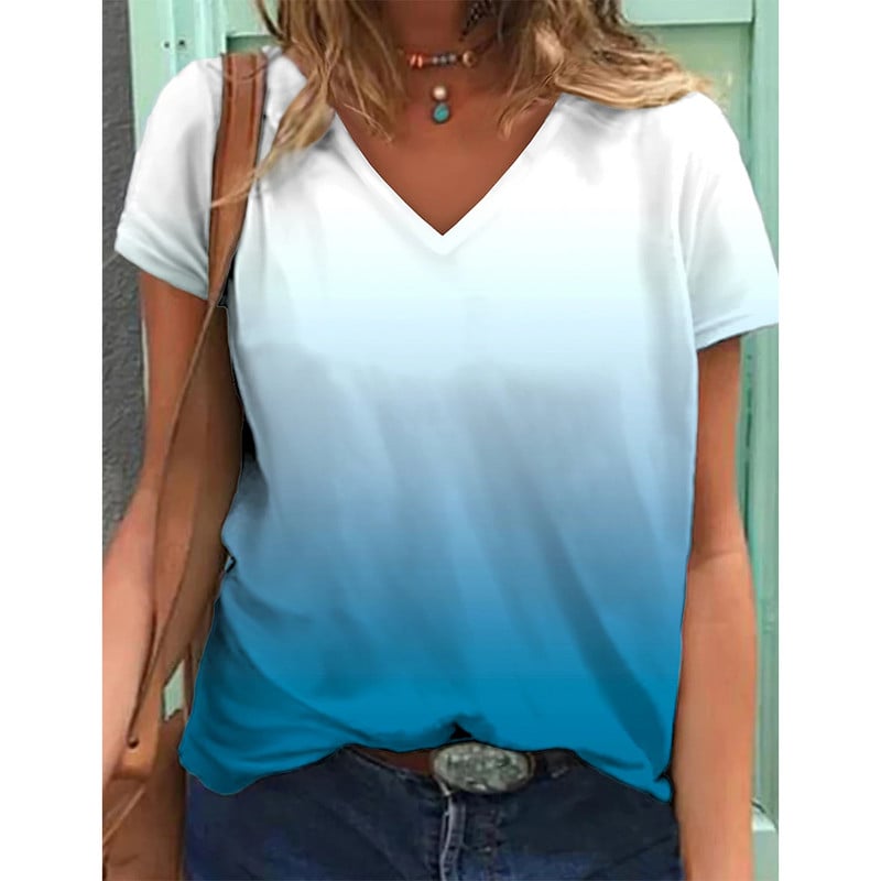 Ženske majice kratkih rukava s 3D gradijentom boja s grafičkim uzorkom Fsahion Ležerne majice kratkih rukava s V-izrezom Ljetna Harajuku ženska odjeća