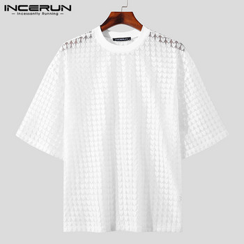 2023 Мъжка тениска, мрежеста, прозрачна плътна О-образна деколте, къс ръкав, мъжко облекло, свободни парти улични модни тениски INCERUN S-5XL