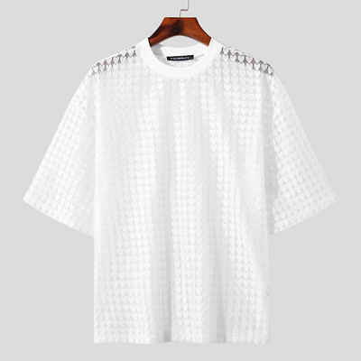 2023 Tricou pentru bărbați din plasă, solid, transparent, cu mânecă scurtă, cu gâtul în formă de O, îmbrăcăminte pentru bărbați, largi de petrecere, haine de stradă, tricou de modă, topuri INCERUN S-5XL