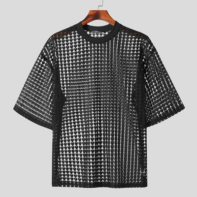 2023 Tricou pentru bărbați din plasă, solid, transparent, cu mânecă scurtă, cu gâtul în formă de O, îmbrăcăminte pentru bărbați, largi de petrecere, haine de stradă, tricou de modă, topuri INCERUN S-5XL