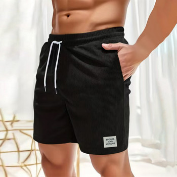 Летни ежедневни оребрени къси панталони за мъже, удобни едноцветни къси панталони с висока талия, джобове, шнурове, къси панталони, мъжко облекло