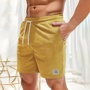 Летни ежедневни оребрени къси панталони за мъже, удобни едноцветни къси панталони с висока талия, джобове, шнурове, къси панталони, мъжко облекло