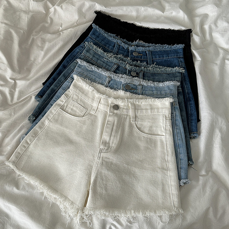 Γυναικείο μονόχρωμο τζιν σορτς ξεφτισμένο ψηλόμεσο φαρδύ τζιν Γυναικείο καλοκαίρι μόδας Καλοκαιρινό κοντό τζιν παντελόνι