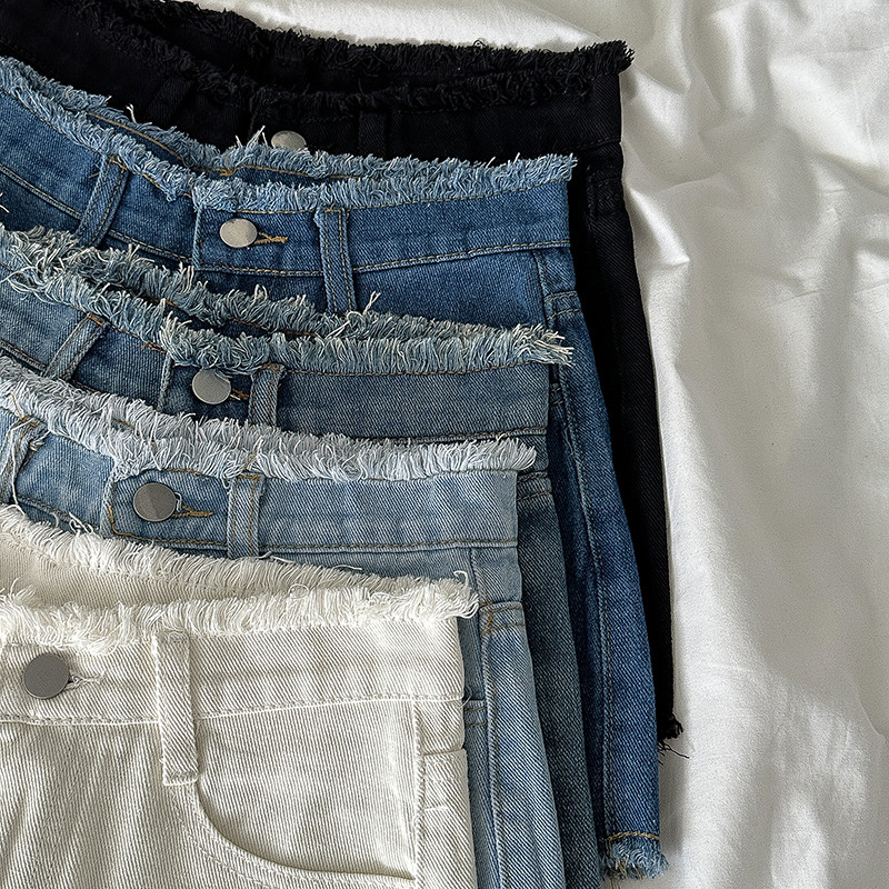 Γυναικείο μονόχρωμο τζιν σορτς ξεφτισμένο ψηλόμεσο φαρδύ τζιν Γυναικείο καλοκαίρι μόδας Καλοκαιρινό κοντό τζιν παντελόνι