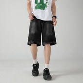 Pantaloni scurți din denim american High Street Moda bărbați largi ocazional Pantaloni cinci sferturi, spălați, personalizați, blugi pentru bărbați, haine pentru bărbați