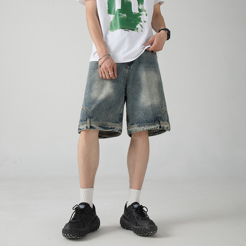 Pantaloni scurți din denim american High Street Moda bărbați largi ocazional Pantaloni cinci sferturi, spălați, personalizați, blugi pentru bărbați, haine pentru bărbați