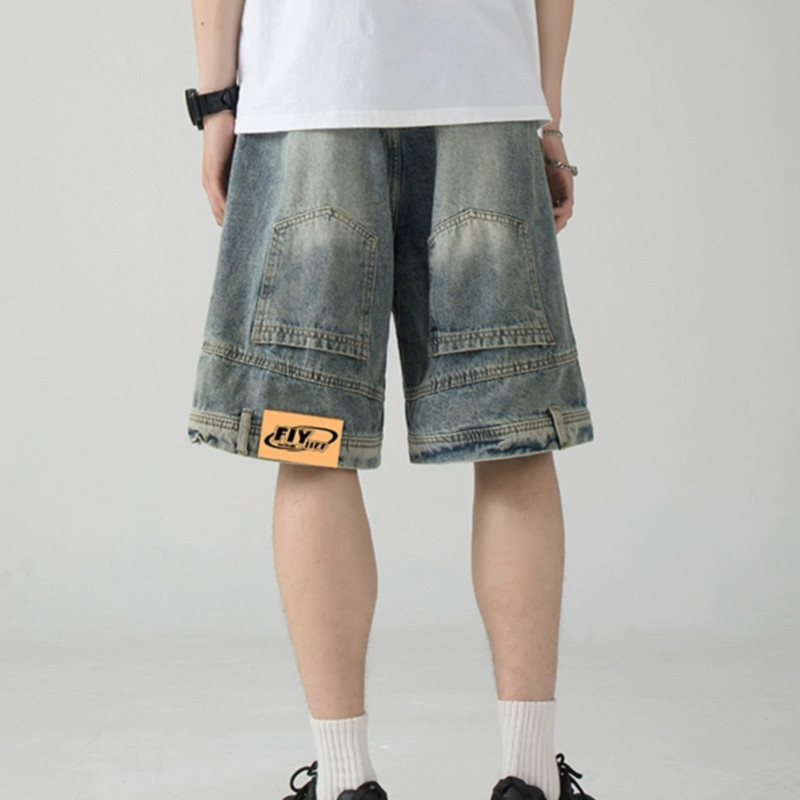 Pantaloni scurți din denim american High Street Moda bărbați largi ocazional Pantaloni cinci sferturi, spălați, personalizați, blugi pentru bărbați, haine pentru bărbați