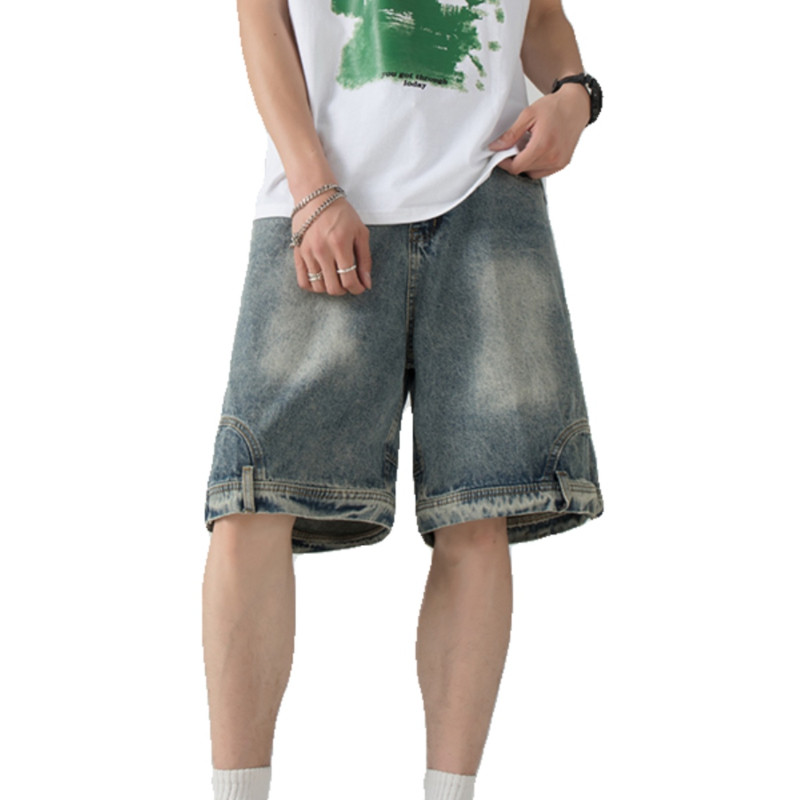 Pantaloni scurți din denim american High Street Moda bărbați largi ocazional Pantaloni cinci sferturi, spălați, personalizați, blugi pentru bărbați, haine pentru bărbați