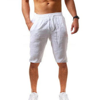Модни мъжки свободни ежедневни ленени къси панталони Едноцветни панталони с шнурове с еластична талия Летни къси ваканционни панталони с голям размер S-5XL