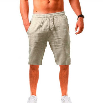 Модни мъжки свободни ежедневни ленени къси панталони Едноцветни панталони с шнурове с еластична талия Летни къси ваканционни панталони с голям размер S-5XL