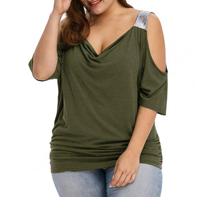 Tricou cu umeri mai mari la modă Cămașă cu decolteu în V Tricou de vară Casual Topuri pentru femei Femei Femei Pulover cu mânecă scurtă