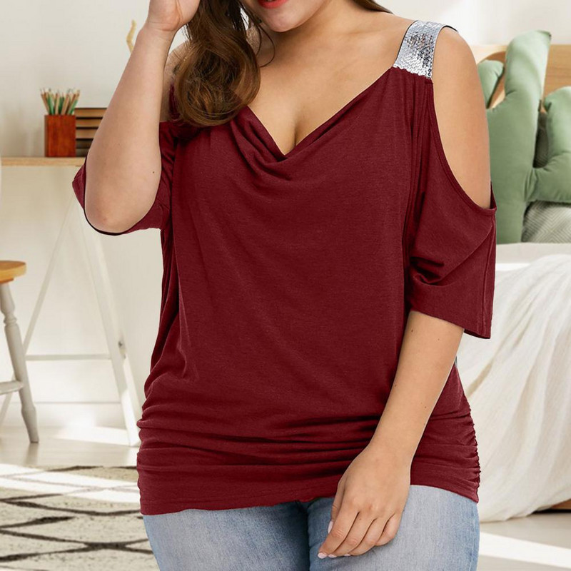 Tricou cu umeri mai mari la modă Cămașă cu decolteu în V Tricou de vară Casual Topuri pentru femei Femei Femei Pulover cu mânecă scurtă