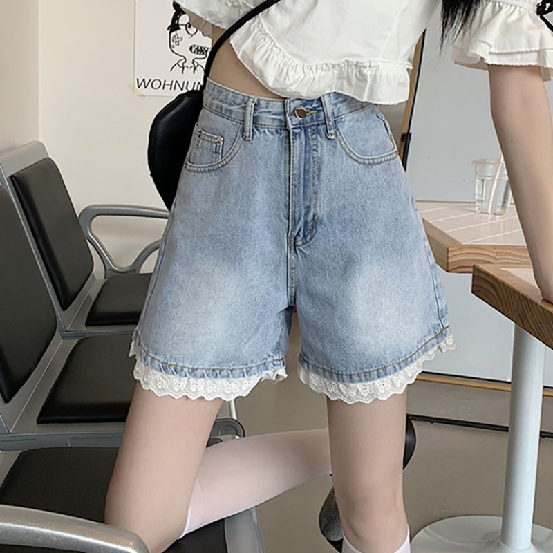 Ljetne nove ženske traper kratke hlače visokog struka, široke nogavice, čipkane spojene vruće hlačice Chic dizajna Ženske kratke hlače S-5xl