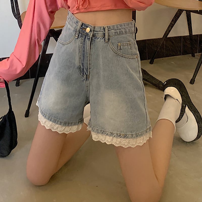 Ljetne nove ženske traper kratke hlače visokog struka, široke nogavice, čipkane spojene vruće hlačice Chic dizajna Ženske kratke hlače S-5xl