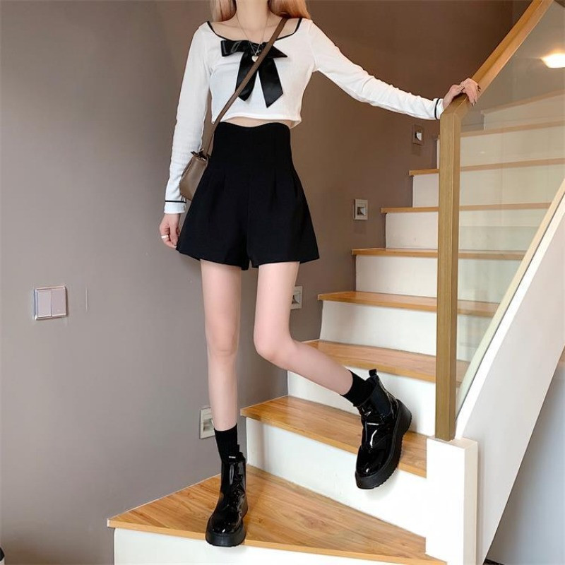 S-4XL Magas derekú rövidnadrág Női Retro Nyári Elegáns Solid Harajuku Irodai Női Divat Alkalmi táskás koreai Egyszerű Mujer széles láb