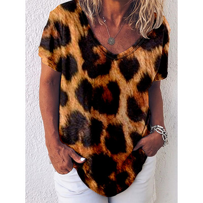 Divat Leopárd 3D nyomtatott póló Női Vintage Y2k felsők Utcai ruházat Harajuku pólók V-nyakú pólók Női lányok túlméretezett ruházat