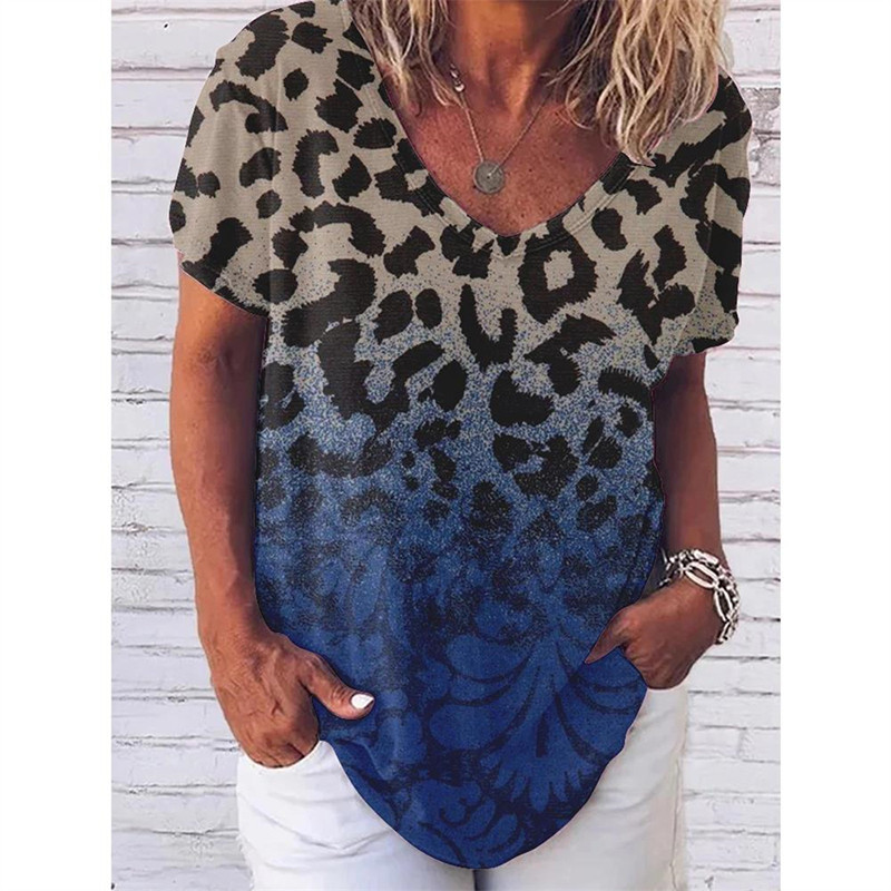 Divat Leopárd 3D nyomtatott póló Női Vintage Y2k felsők Utcai ruházat Harajuku pólók V-nyakú pólók Női lányok túlméretezett ruházat